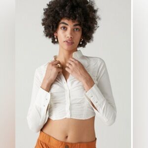 Urban Outfitters Cotton Cropped Ruched Button-Front Shirt - White